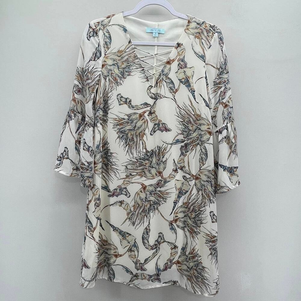 She +‎ Sky Silk Blend Dress Small Neutral Palm Leaf Floral Print Resort Travel